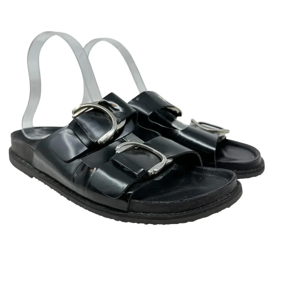 Zara Slide Sandals Buckles Double Strap Faux Leather Black Size 41 US 10 - Picture 1 of 14